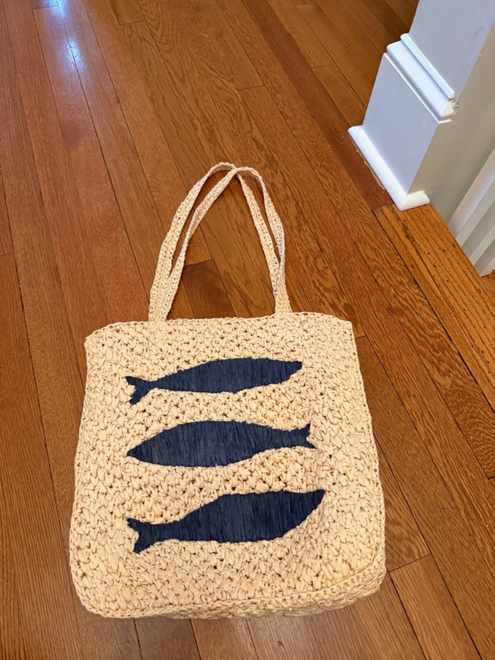 Anthropologie Beige Woven Tote with Navy Fish Motif